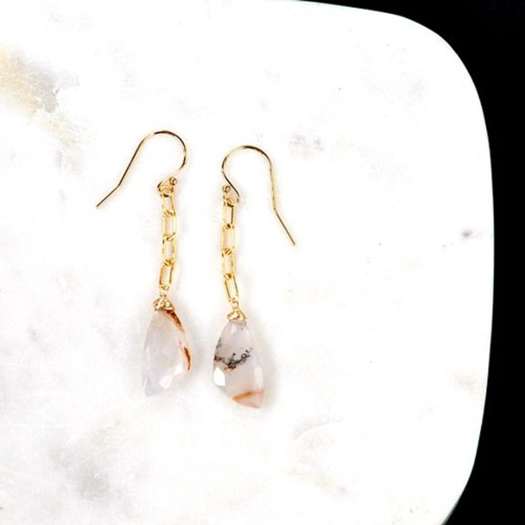 14kgf Dendritic Agate Leg Tangle Chain Earrings - 耳环/耳夹 - 宝石 