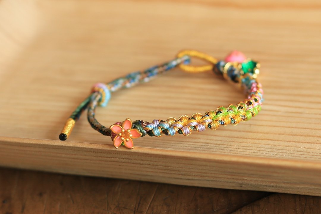 春秋全手工编绳 | 桃花结手绳 珐琅彩沙金花朵 | 吉祥如意 - 手链/手环 - 棉 