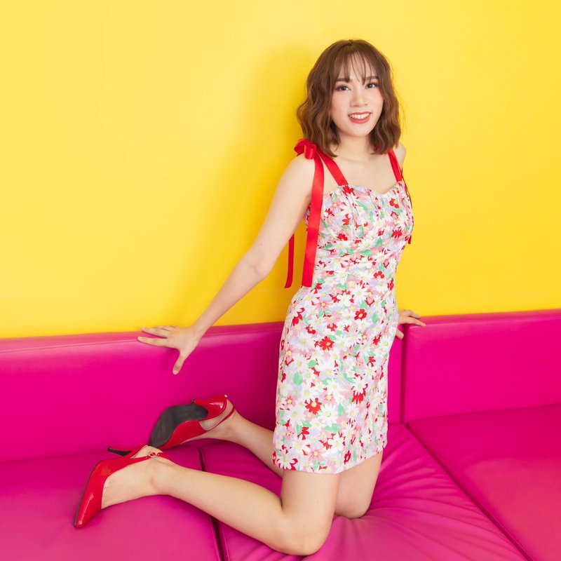 floral print short dress ribbon tie sleeves - 洋装/连衣裙 - 其他材质 多色