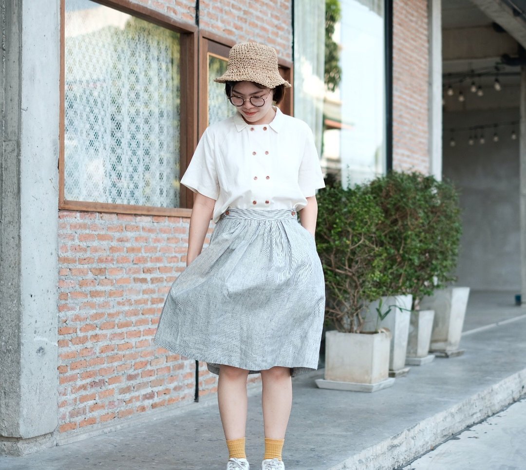 Ami Skirt ( Blue , Stripe ) - 裙子 - 棉 蓝色