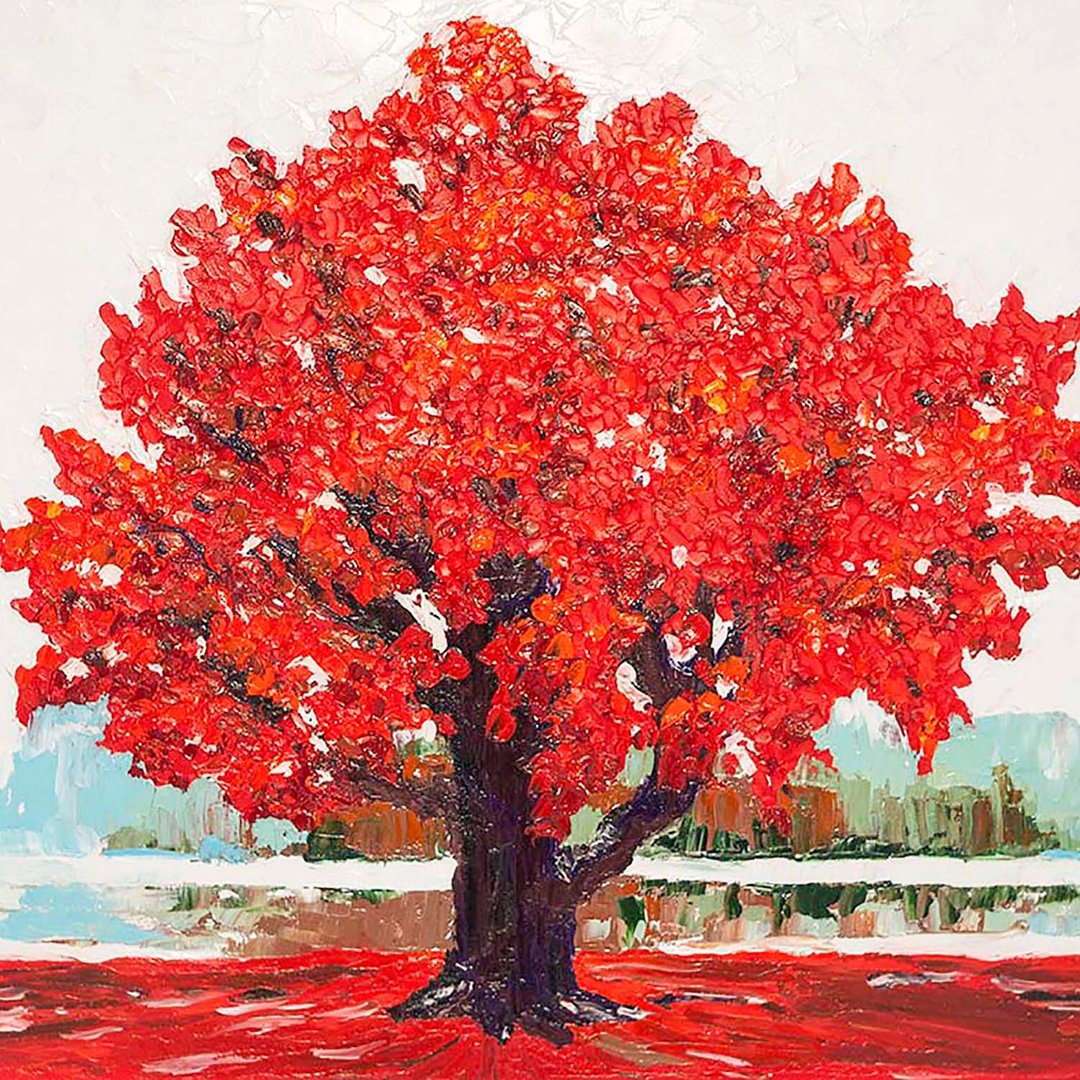 Oak Tree Painting Plants Original Artwork Trees Quercus Rubra Wall Art Landscape - 海报/装饰画/版画 - 其他材质 红色