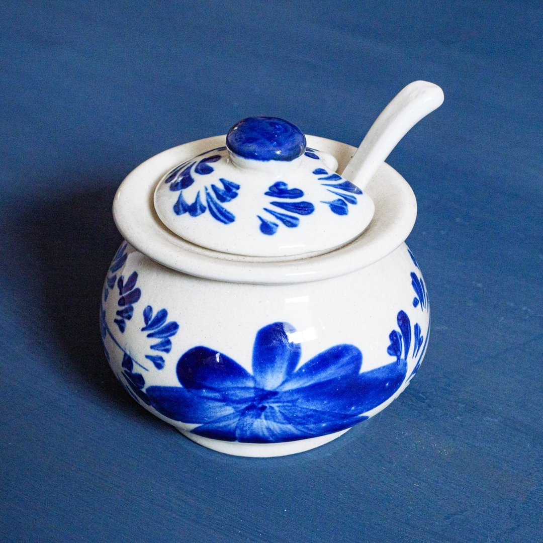 blue flower sugar pot - 调味罐/酱料瓶 - 陶 