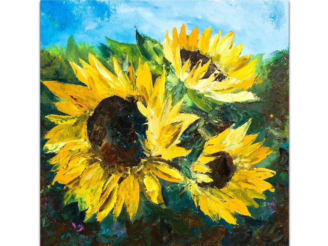 Sunflower Painting Original Oil Painting Windflowers Artwork Framed Flowers Art - 海报/装饰画/版画 - 其他材质 黄色