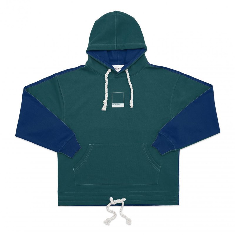 PANTONE - FunMix Collection 纯棉拼色索绳连帽卫衣 (深绿/深蓝) - 中性连帽卫衣/T 恤 - 棉．麻 多色