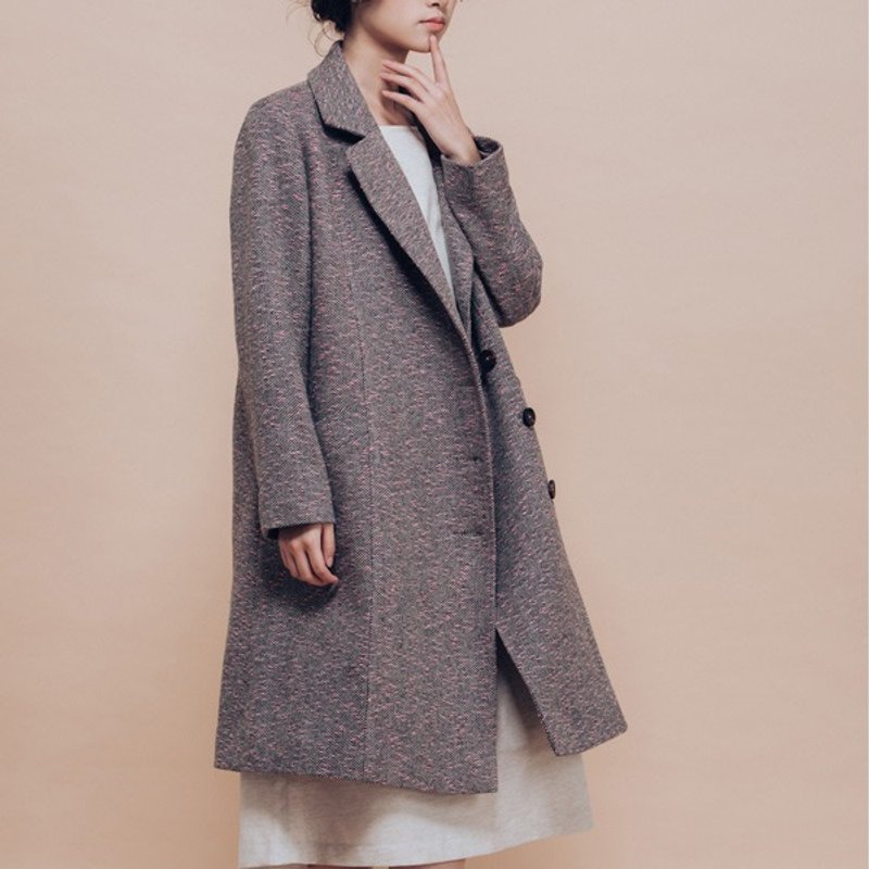 午夜巴黎毛料织点长版大衣-桃红点点 - 女装休闲/机能外套 - 羊毛 