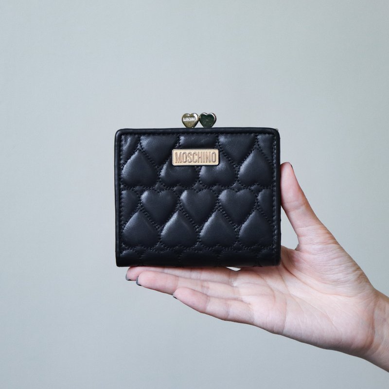 Vintage Moschino 黑色爱心绗缝口金短夹皮夹 - 皮夹/钱包 - 真皮 黑色