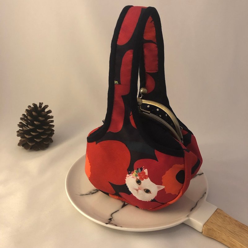 花朵与猫 三层口金优雅手提小包 - 手提包/手提袋 - 棉．麻 