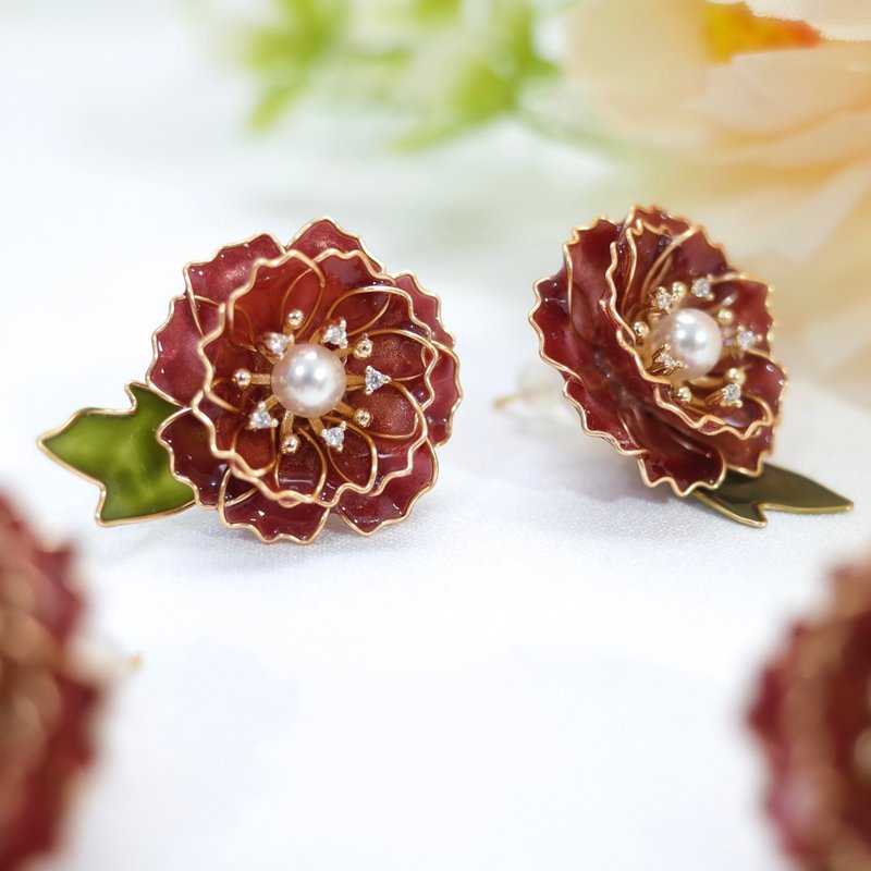 复古牡丹手工树脂耳环 - 耳环/耳夹 - 树脂 红色