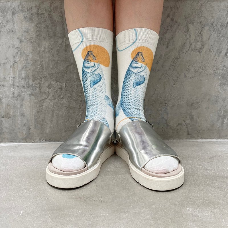 NoMatch不合设计3d印花无性别潮时髦咸鱼几何波普精梳棉中筒袜 - 袜子 - 棉．麻 白色