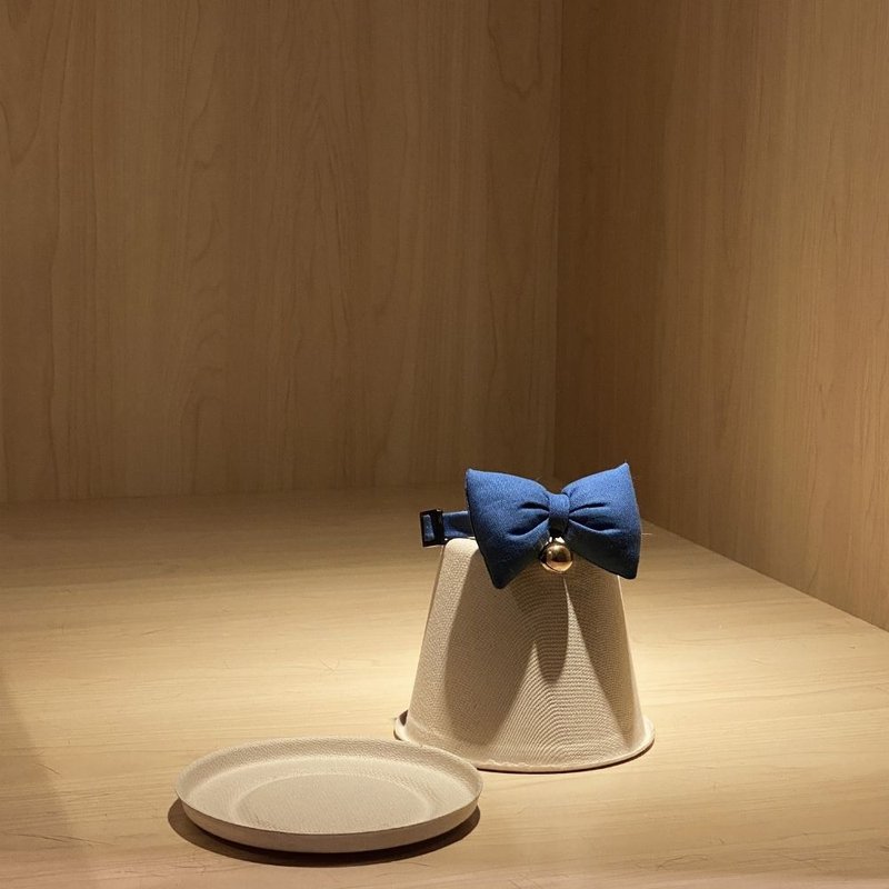 简约手工定制猫项圈 | Clay Blue Bow Cat Collar - 项圈/牵绳 - 棉．麻 蓝色