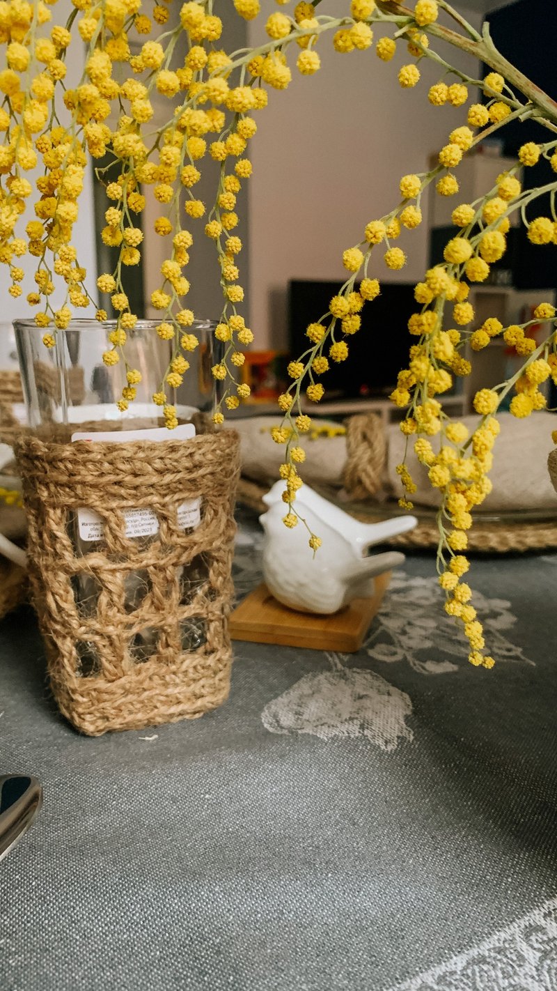 北欧风格的方形大水杯 手工制作的杯架来自黄麻 - 酒杯/酒器 - 棉．麻 卡其色