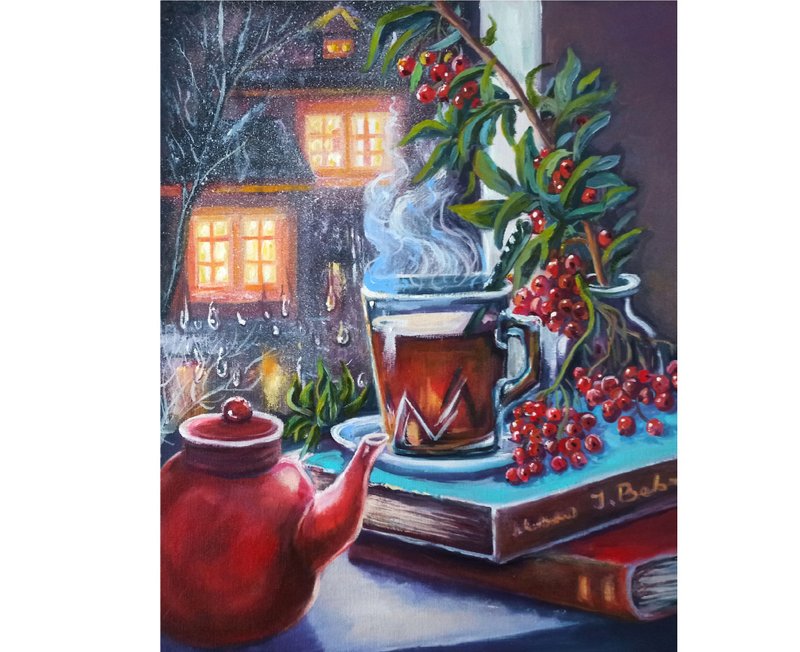 温馨雨夜布面油画 48x36cm 茶杯静物原创艺术 - 海报/装饰画/版画 - 其他材质 