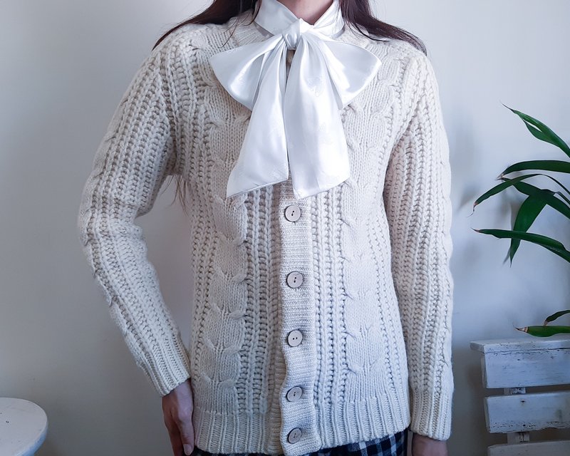 复古 70 年代羊毛渔夫毛衣开衫 Aran 爱尔兰毛衣 KOSUGI 开衫 - 女装针织衫/毛衣 - 羊毛 卡其色