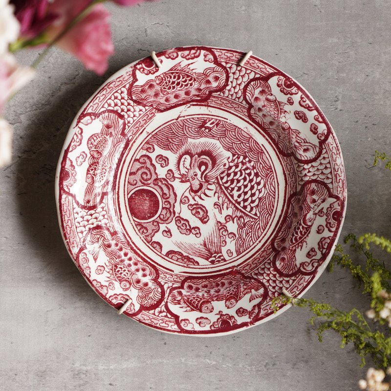 19世纪荷兰Petrus Regout Viscch古董鲤鱼龙盘 - 盘子/餐盘/盘架 - 陶 红色