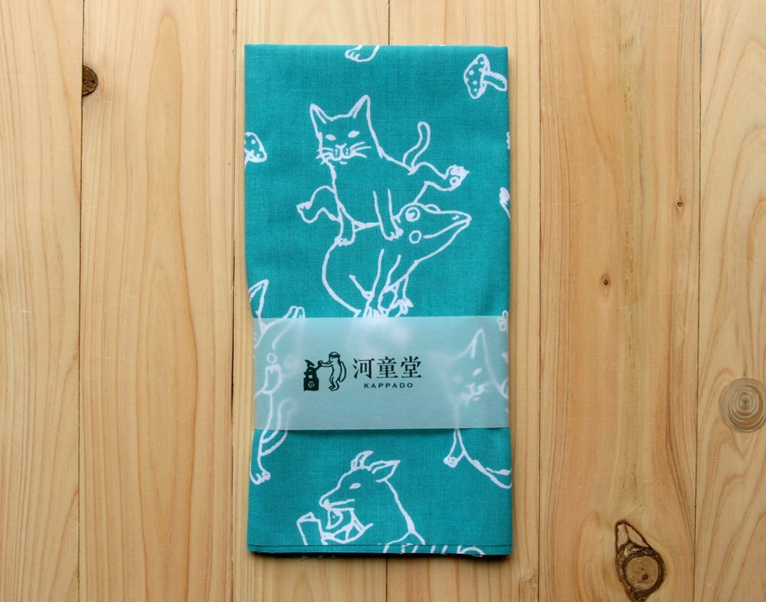 Tenugui with cat and frog towel - 丝巾 - 棉 绿色
