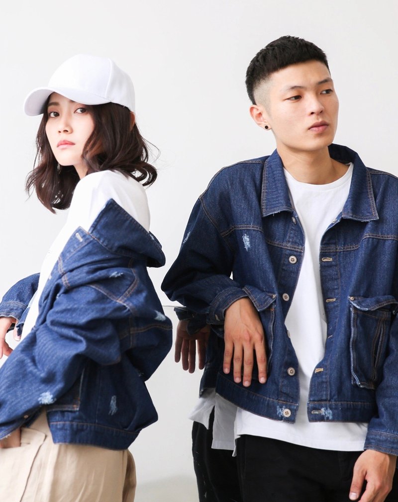 大口袋牛仔外套 短外套 水洗牛仔 中性 不分性别 原创品牌 - 男装外套 - 棉．麻 蓝色