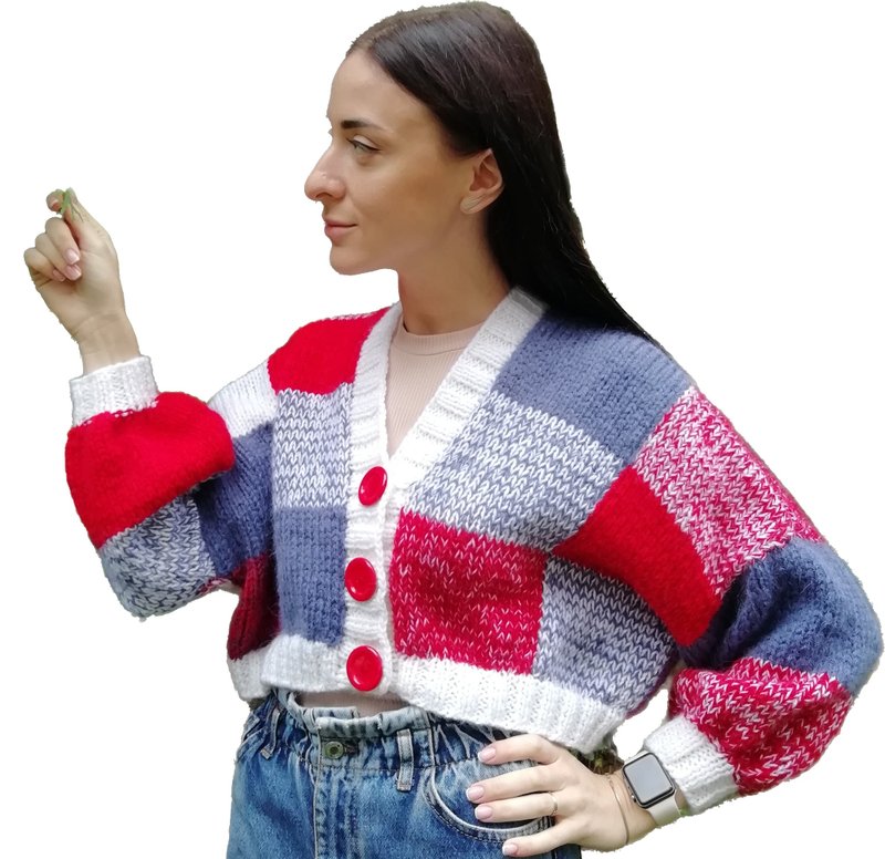 Women Knitted Crop Jacket Patchwork Multicolor Square Cardigan Sweater Button - 女装针织衫/毛衣 - 羊毛 多色
