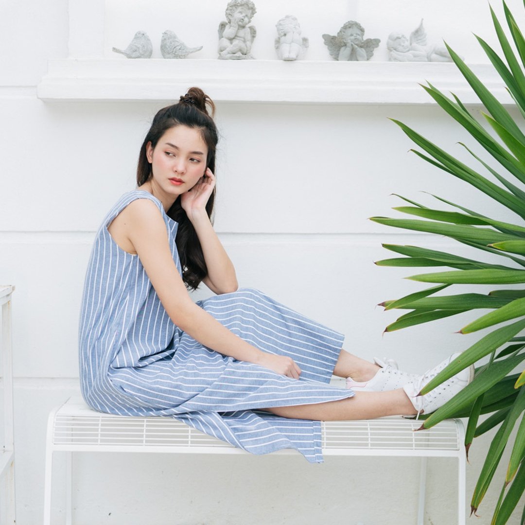 Sleeveless Maxi Dress - Blue - 洋装/连衣裙 - 棉 蓝色