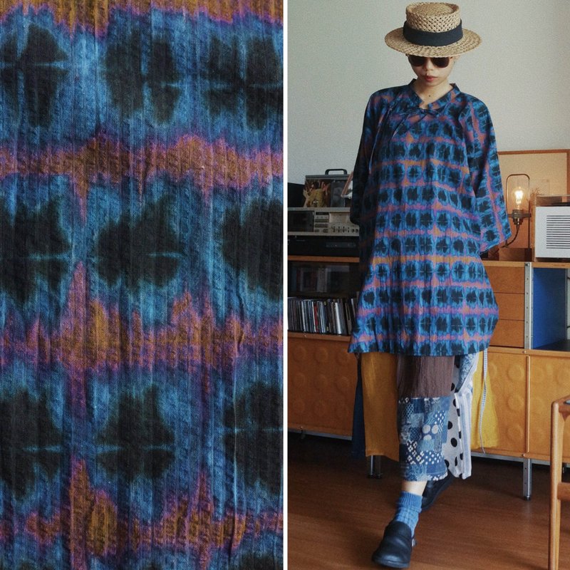 藏青色 復古波普幻彩砂洗泡泡棉洋裝 中式廓形夏季系繩襯衫裙上衣 - 洋装/连衣裙 - 棉．麻 蓝色