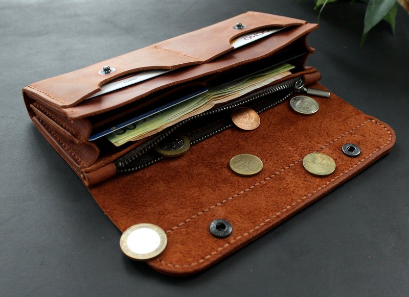 女士钱包皮革长款旅行手拿包 - 皮夹/钱包 - 真皮 咖啡色