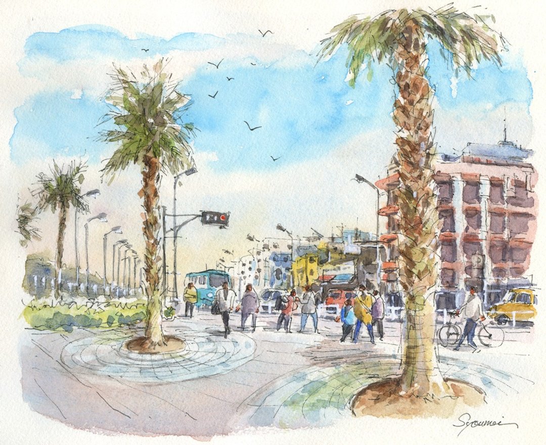 Watercolor painting An intersection near the Enoshima Aquarium - 海报/装饰画/版画 - 纸 卡其色