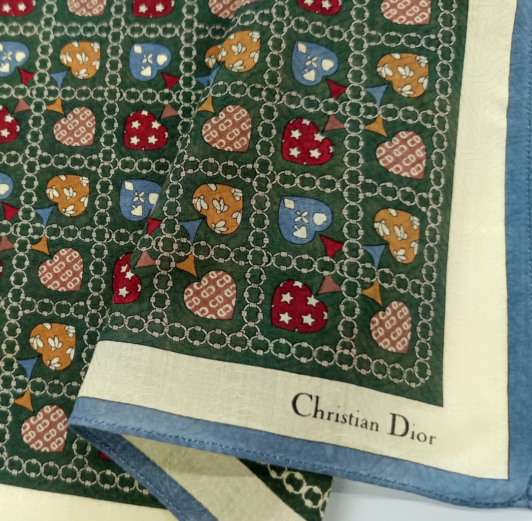 Christian Dior 复古爱心手帕 – 人字纹织布 19 x 19 英寸 - 手帕/方巾 - 棉 绿色