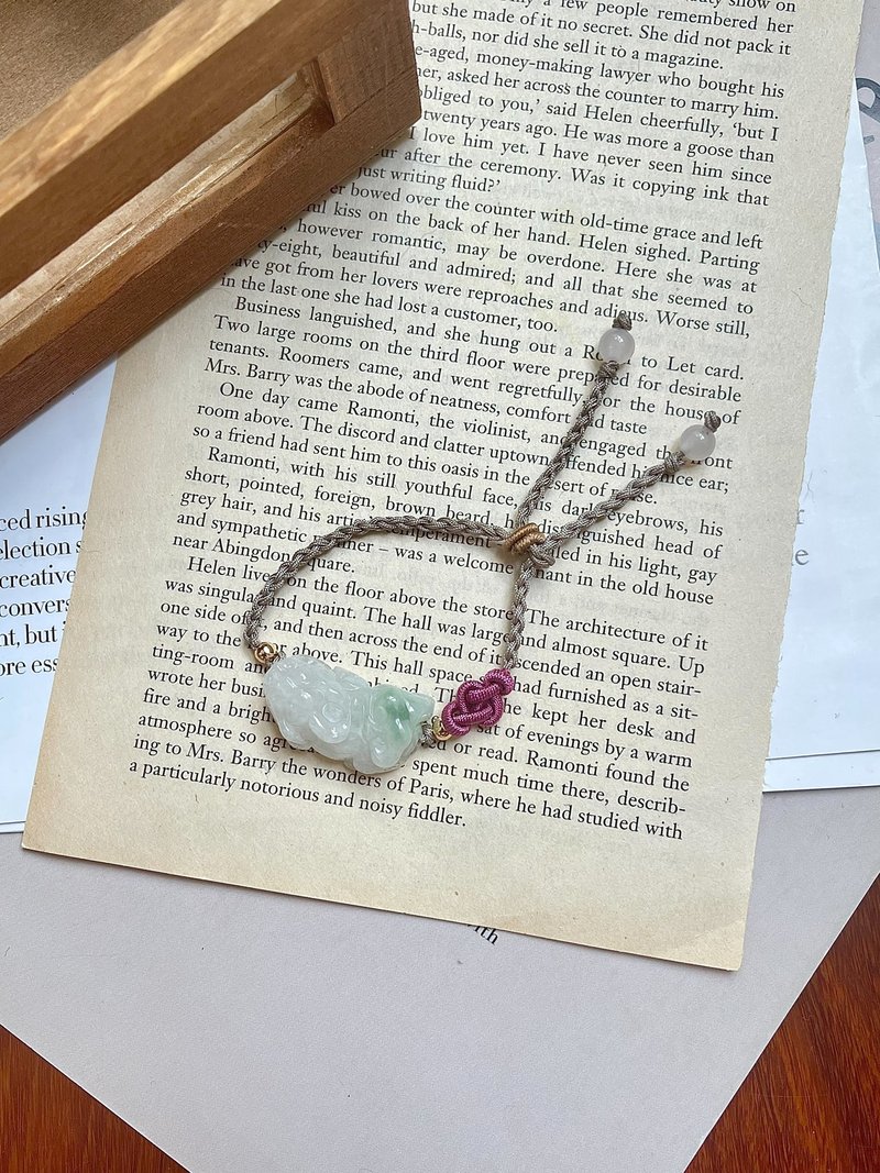 白底飘花貔貅翡翠手绳 手链  |天然缅甸翡翠 - 手链/手环 - 玉石 粉红色