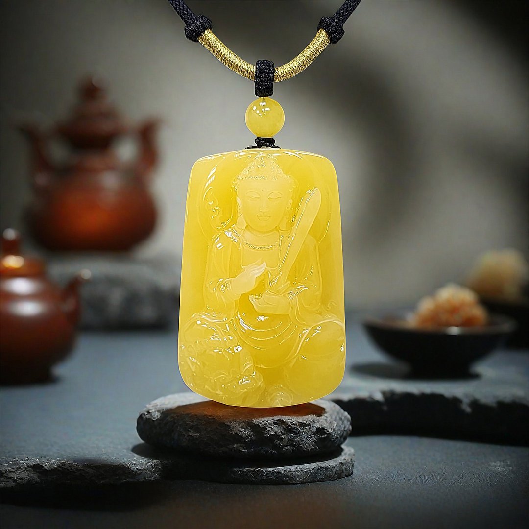 腾彪琥珀 鸡油黄蜜蜡 文殊菩萨 大师精工 兔守护神 附绳链保证卡 - 项链 - 半宝石 黄色