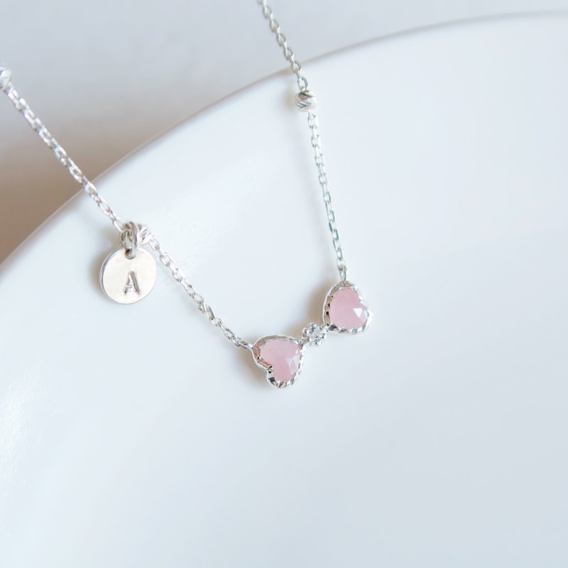 925纯银 双心 粉水晶 小钻 蝴蝶结 定制化刻字 项链 免费包装 - 项链 - 纯银 粉红色