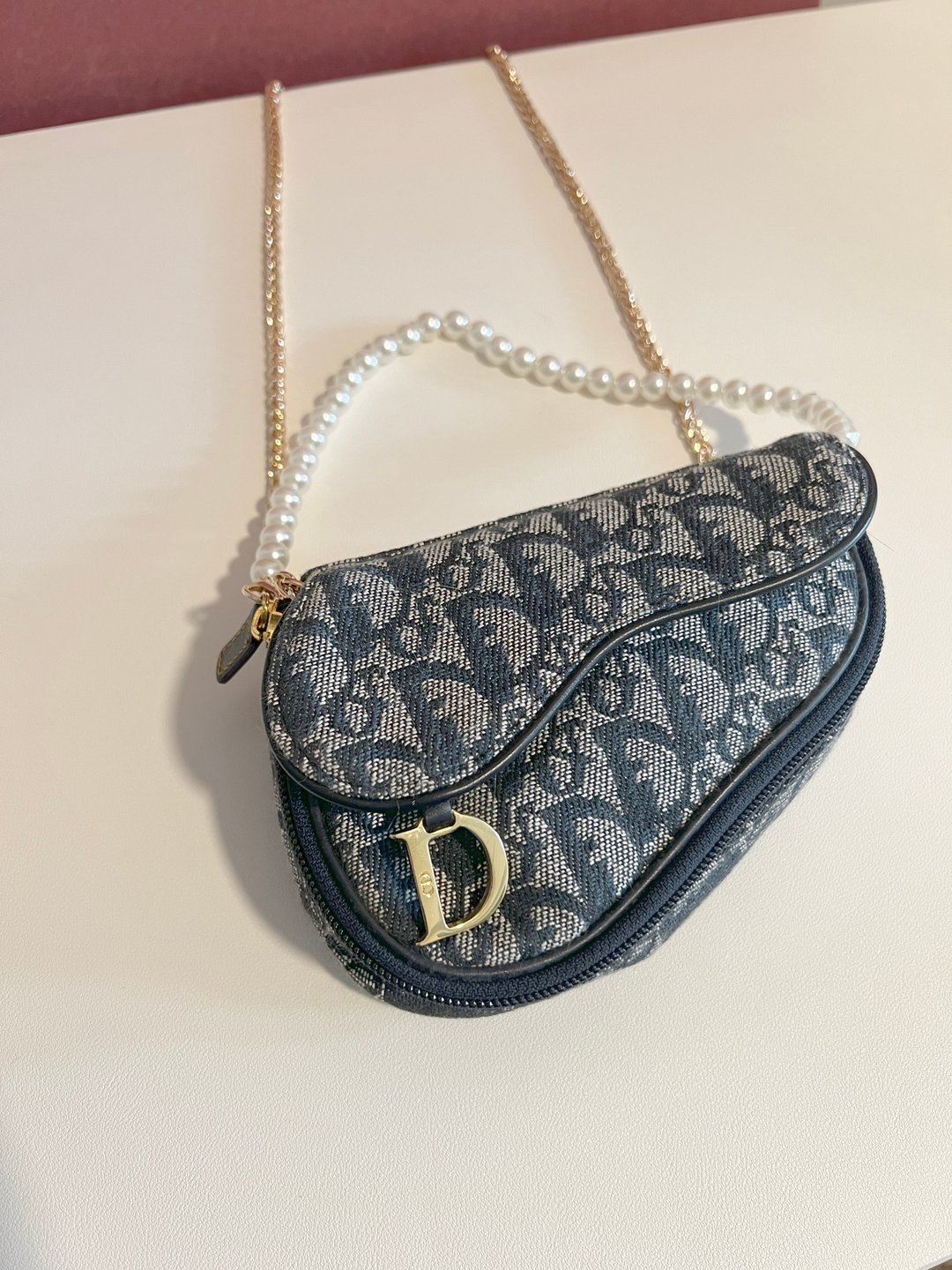 Dior深蓝色马鞍手拿包肩背侧肩袋 赠金属肩带及珍珠吊饰 vintage - 手拿包 - 其他材质 蓝色
