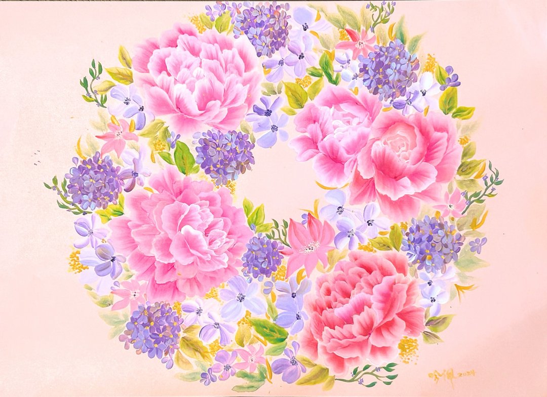 甜美丰盛乡村牡丹祝福花冠手绘原作挂画 赠木框 - 海报/装饰画/版画 - 纸 