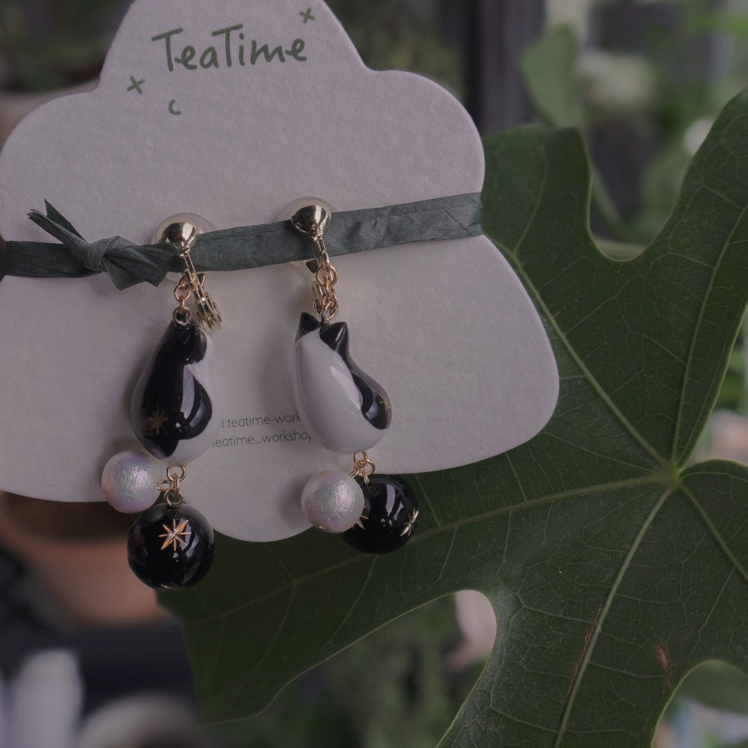 TeaTime  礼服猫咪与她的神秘下午茶 黑白配色 耳钩耳夹 限定 - 耳环/耳夹 - 其他材质 黑色