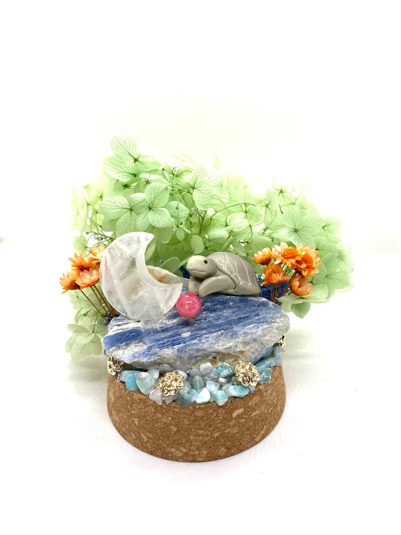 海龟与白水晶月亮/巴西蓝晶原石/红纹石-水晶公仔干燥花摆设 - 摆饰 - 水晶 