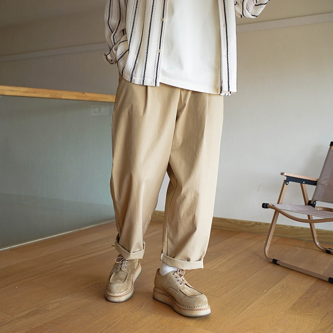 FR Pleated Pants 法式打褶宽腿窄口休闲裤 - 男士长裤 - 其他材质 卡其色