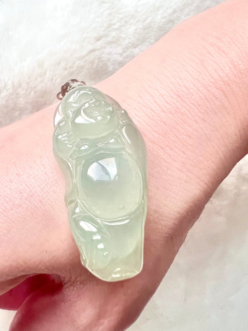 老料天然A货高冰种翡翠弥勒佛吊坠项链/密度紧致/很冰 - 项链 - 玉石 白色