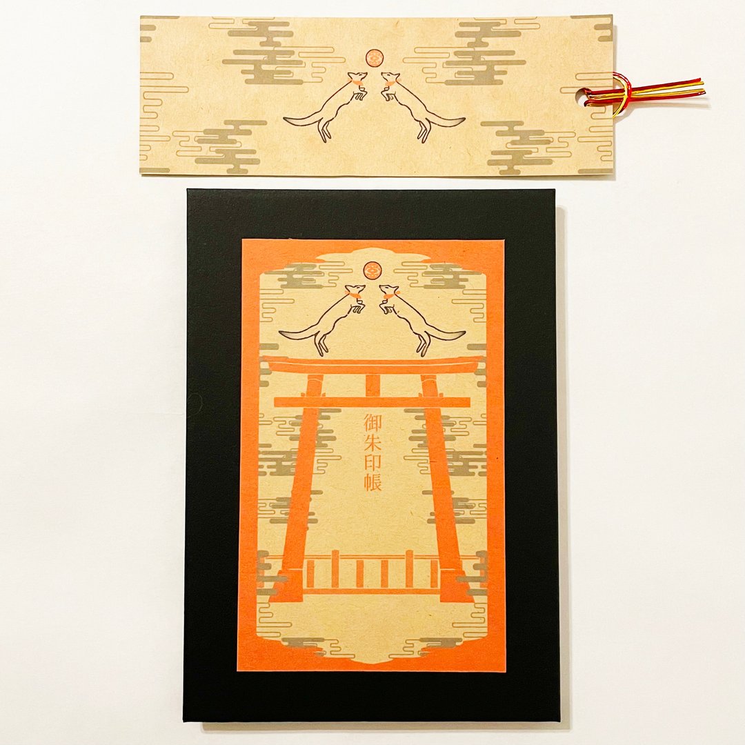 狐的手球歌 御朱印帐 防水书套 书签 水引 插画 全20页 狐狸嫁女 狛狐 狐面 蛇腹式装订 - 笔记本/手帐 - 纸 黑色