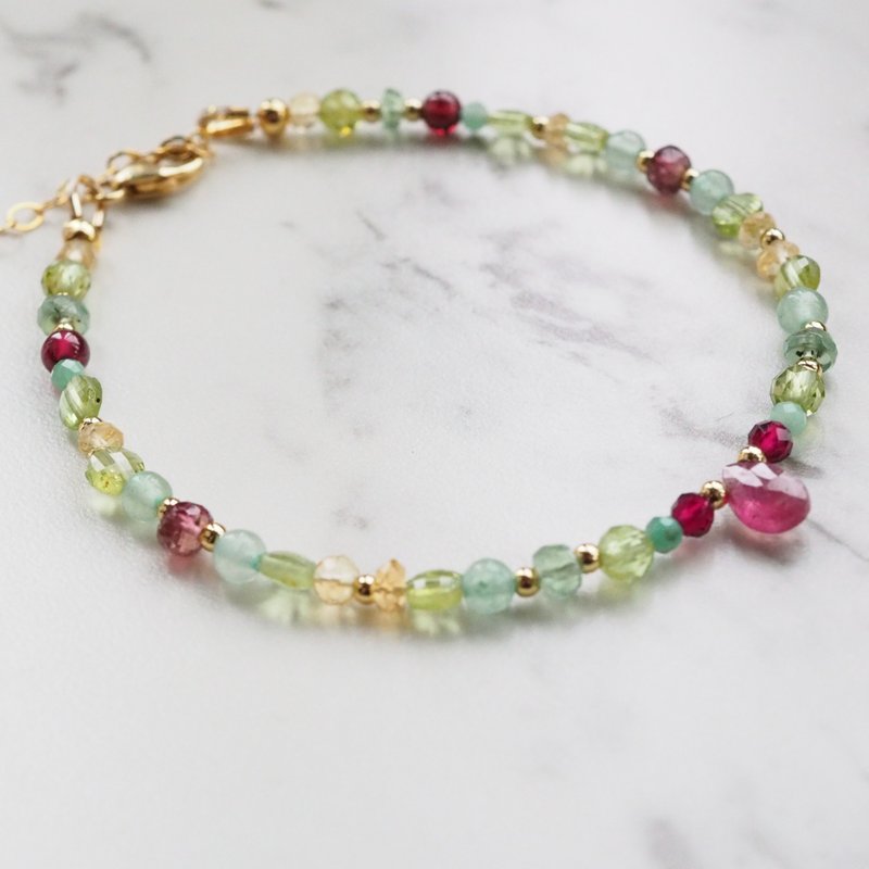 夏花柠檬薄荷 | 粉红蓝宝石、橄榄石、绿色蓝晶石14kgp包金手链 - 手链/手环 - 半宝石 绿色