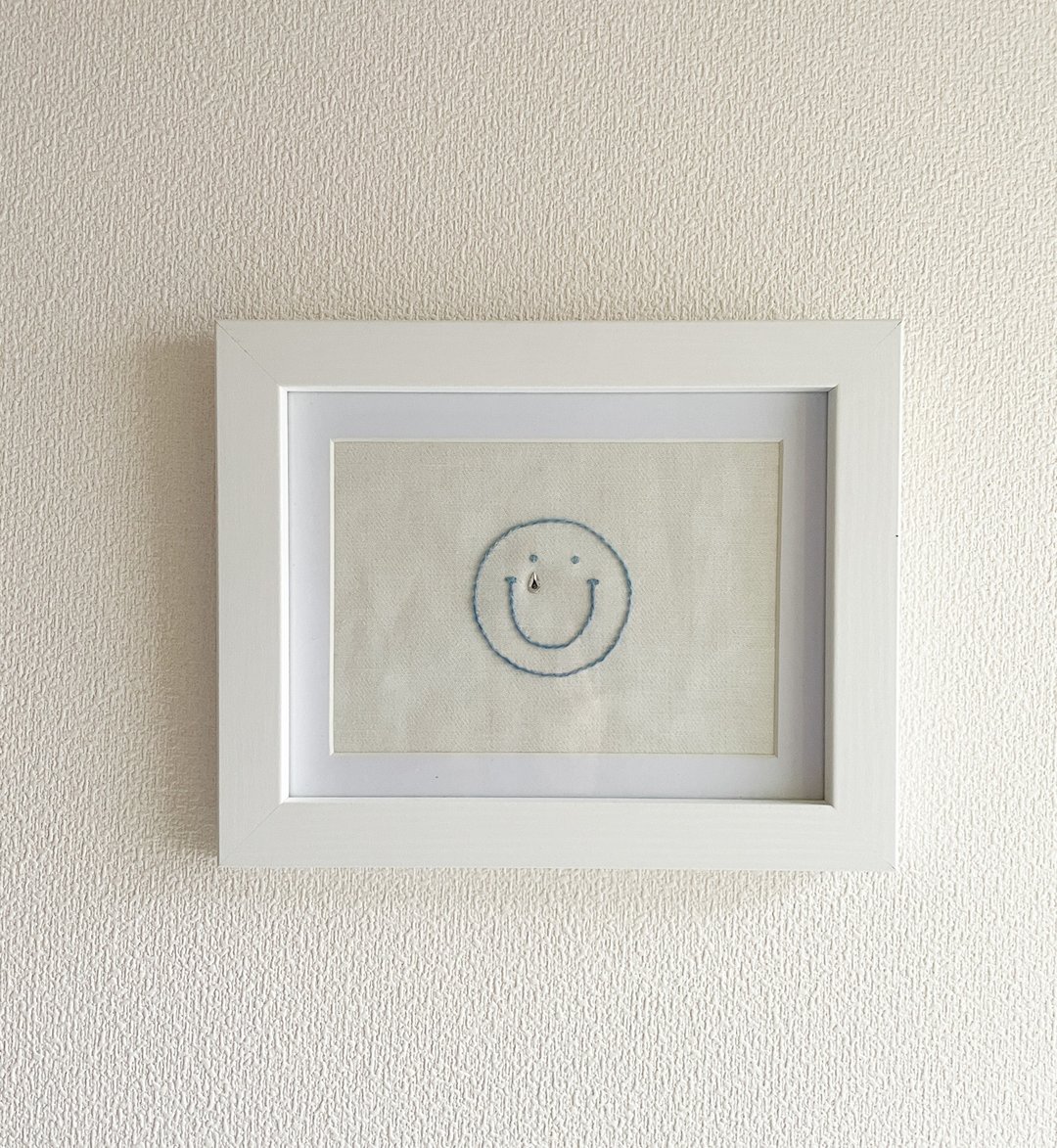日本制造 smile smile smile ART 靛蓝染色刺绣艺术水钻带框 - 海报/装饰画/版画 - 棉 蓝色