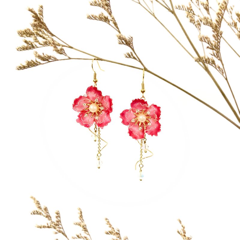 【SGS安心认证】千本樱系列-绯月红 (日本树脂水晶花) - 耳环/耳夹 - 铜/黄铜 多色