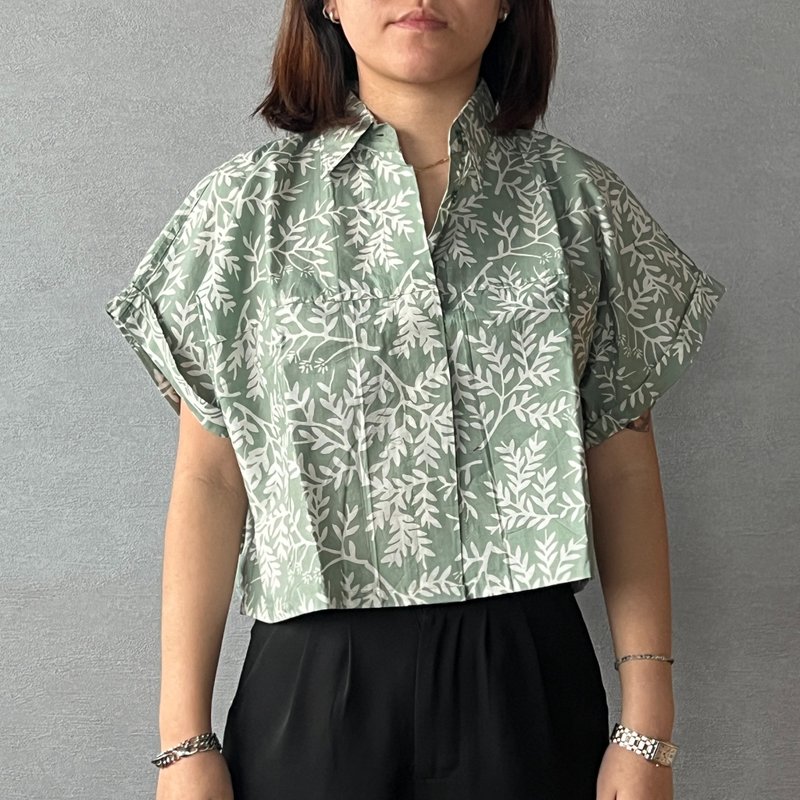 印尼蜡染可爱少女风短版衬衫 PUPUT - 薄荷叶 - PUP024 - 女装上衣 - 棉．麻 绿色