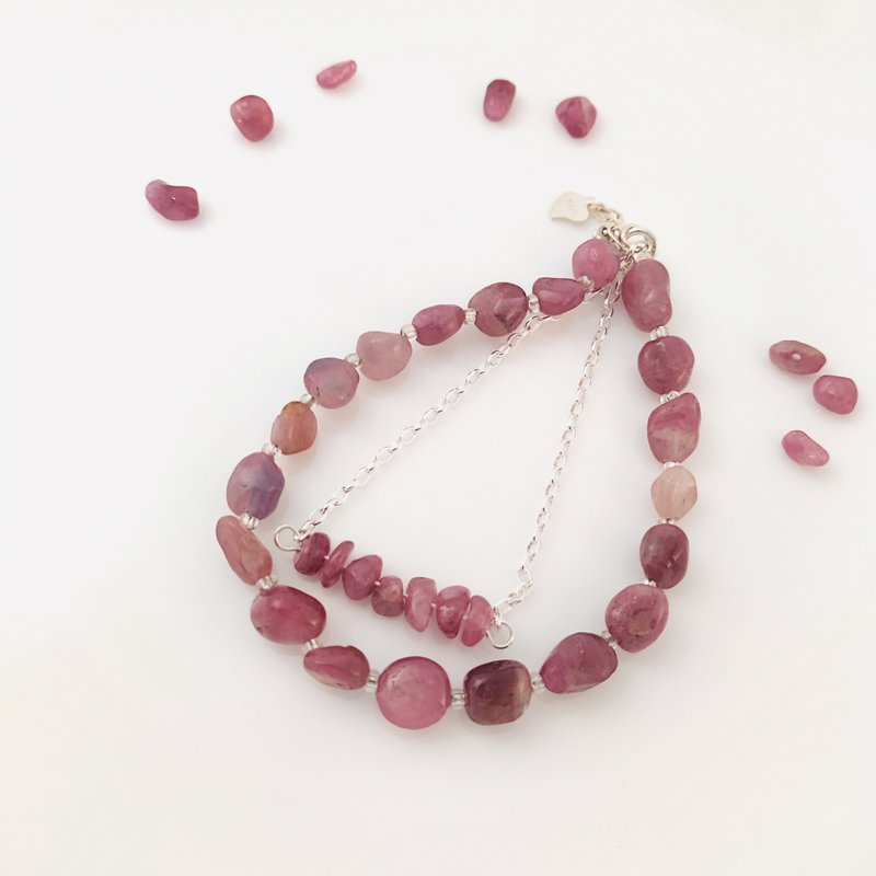 天然粉红碧玺手链|925银 手作设计 双圈手链 定制化 十月诞生石| - 手链/手环 - 宝石 粉红色