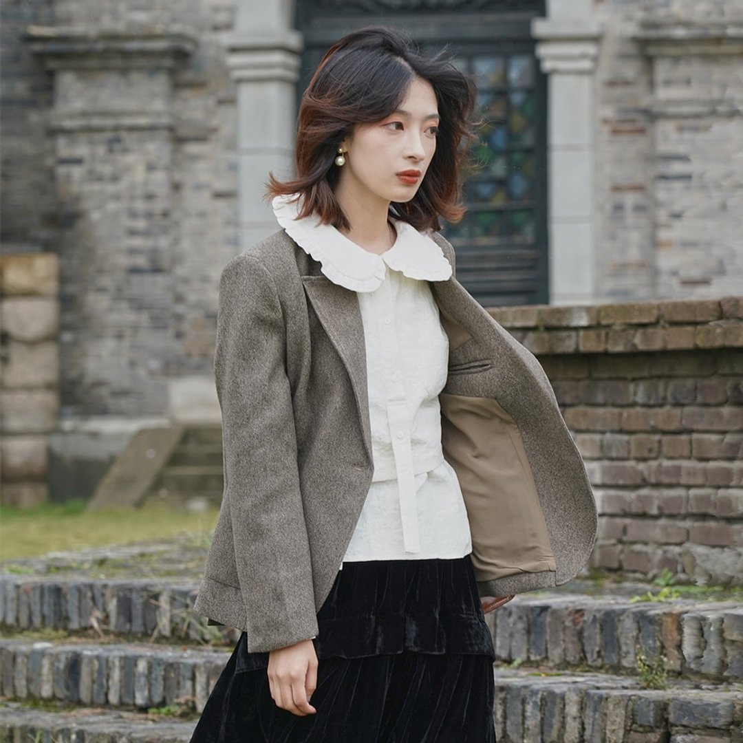咖绿色毛呢西装外套|外套|秋冬款|限量款|日本面料|Sora-601 - 女装西装外套/风衣 - 其他人造纤维 