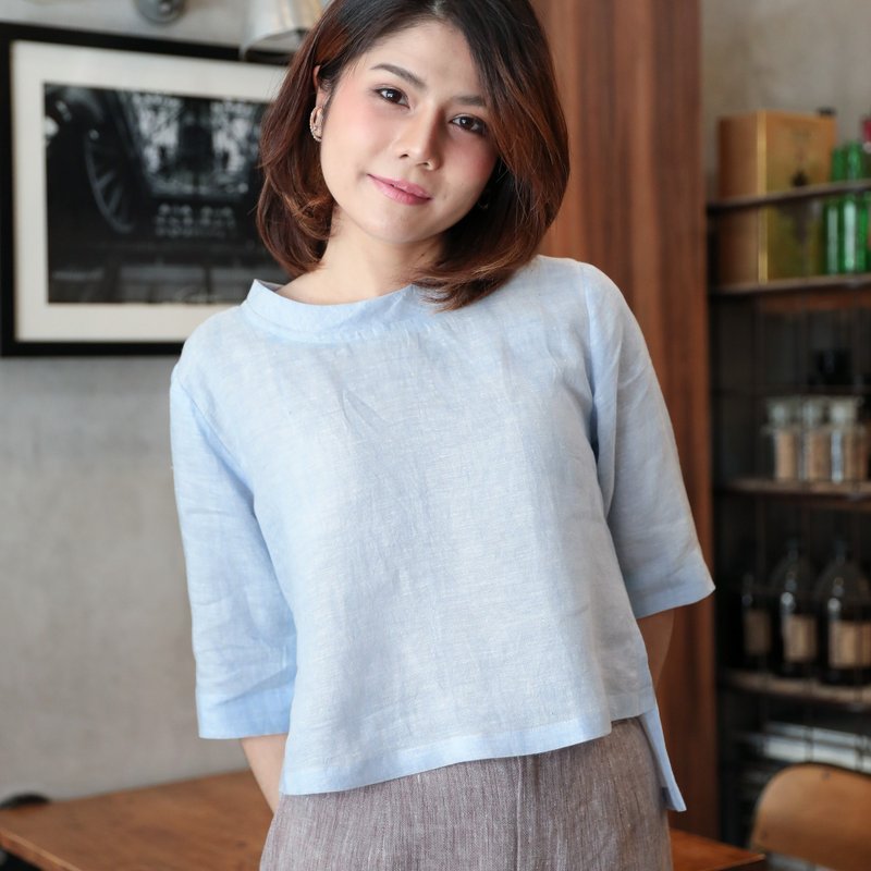 Natural Linen Top Three-Quarter Sleeves Minimal Top Summer Top - Ice Blue - 女装上衣 - 亚麻 蓝色