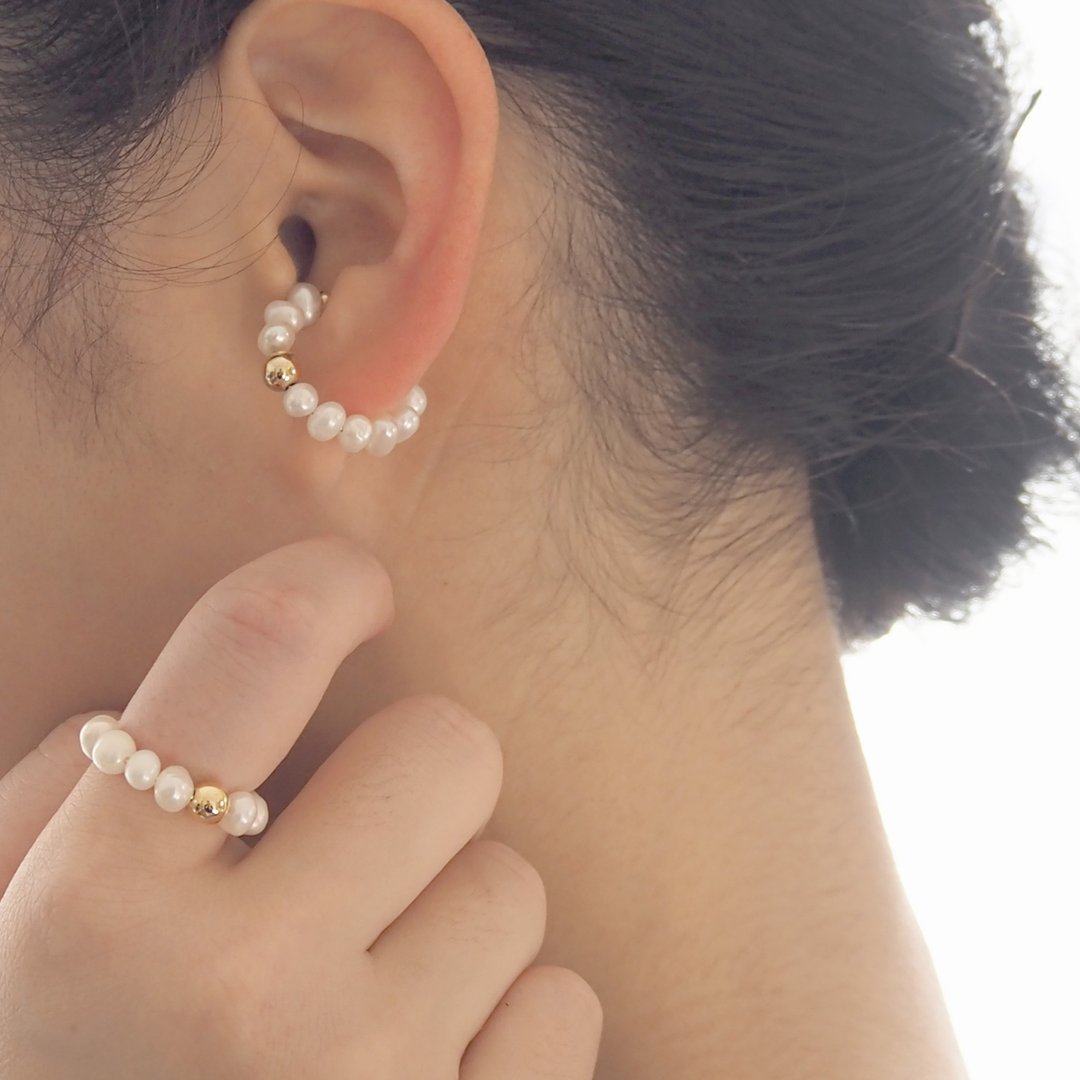 3way | Freshwater pearl ring cuff | June birthstone | EC-29 - 耳环/耳夹 - 珍珠 白色