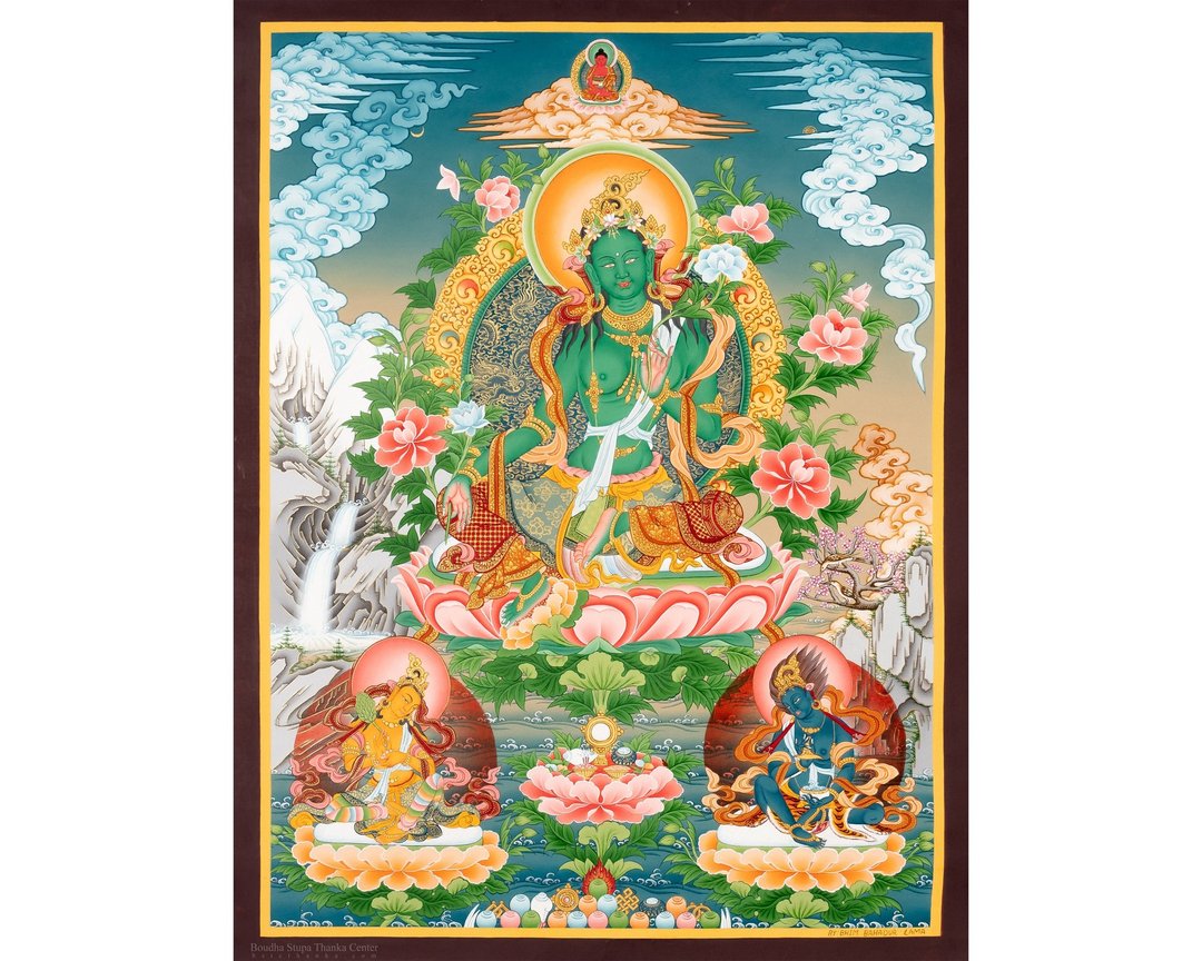 古董绿度母唐卡 - 启蒙的象征 - 墙贴/壁贴 - 其他材质 多色