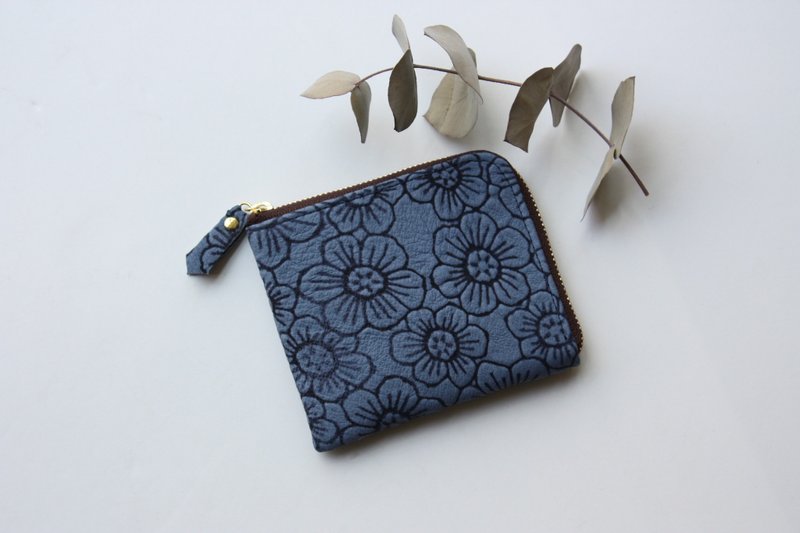 Pigskin slim mini wallet flower blue - 皮夹/钱包 - 真皮 蓝色