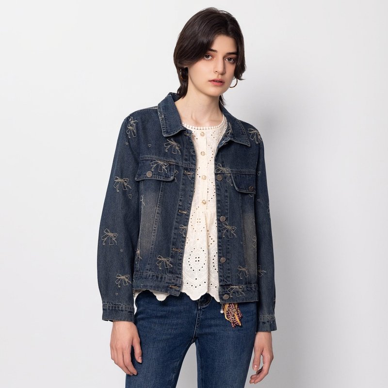 【ICare】蝴蝶结刺绣牛仔外套(M-L) | 女外套 女长袖外套 - 女装休闲/机能外套 - 棉．麻 蓝色