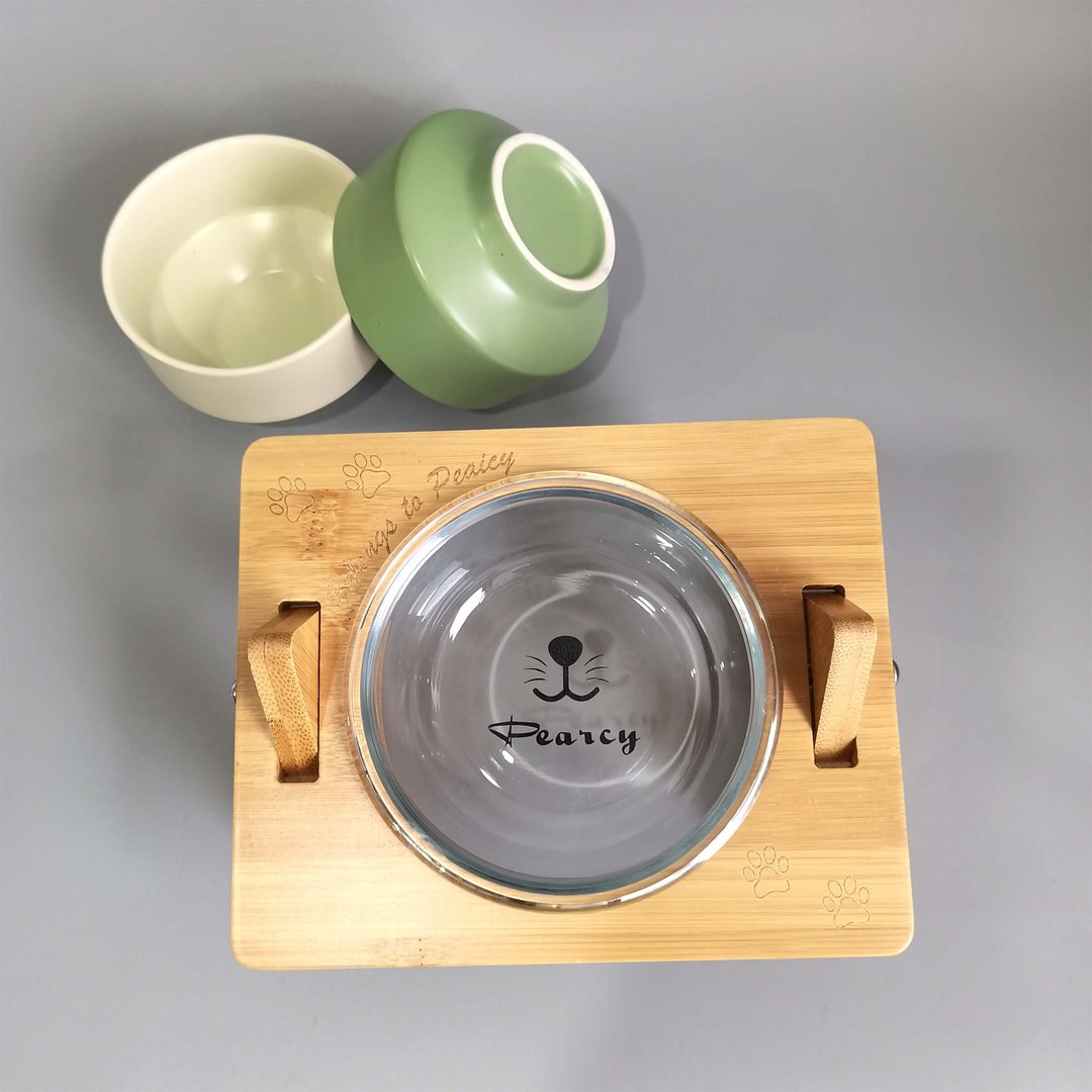 【Pet Shop系列】订制宠物竹木架餐桌碗 玻璃宠物碗 - 碗/碗架 - 陶 
