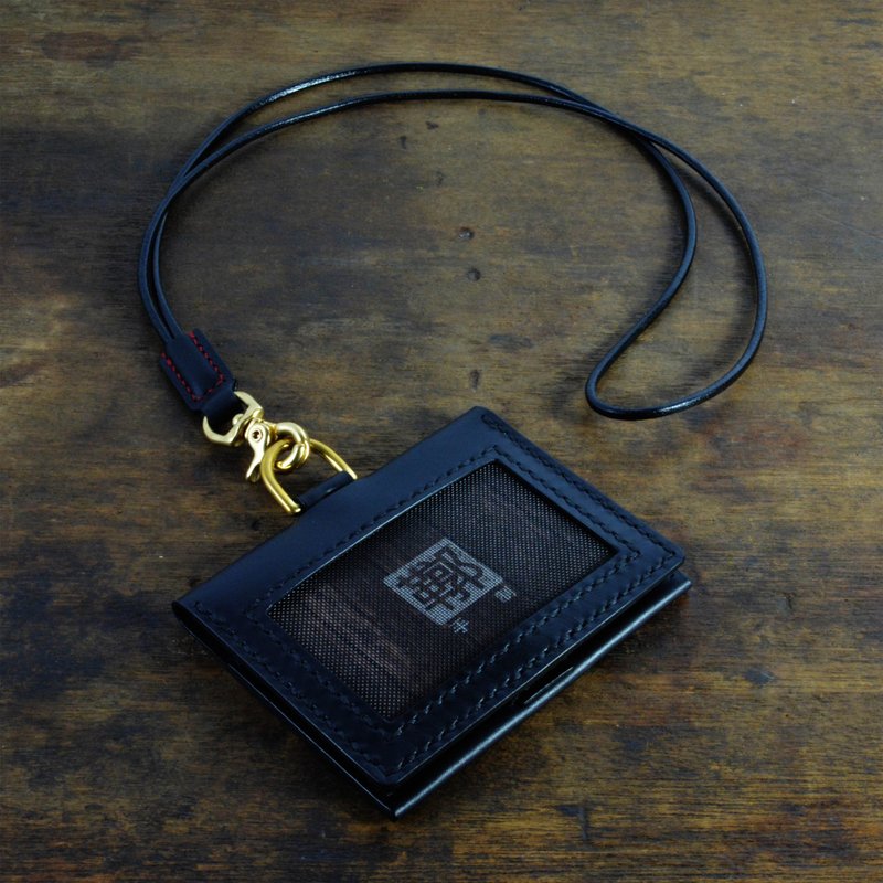 意大利协会认证植鞣革黑色手缝证件套/悠游卡/识别卡套-含皮挂绳 - 证件套/卡套 - 真皮 黑色