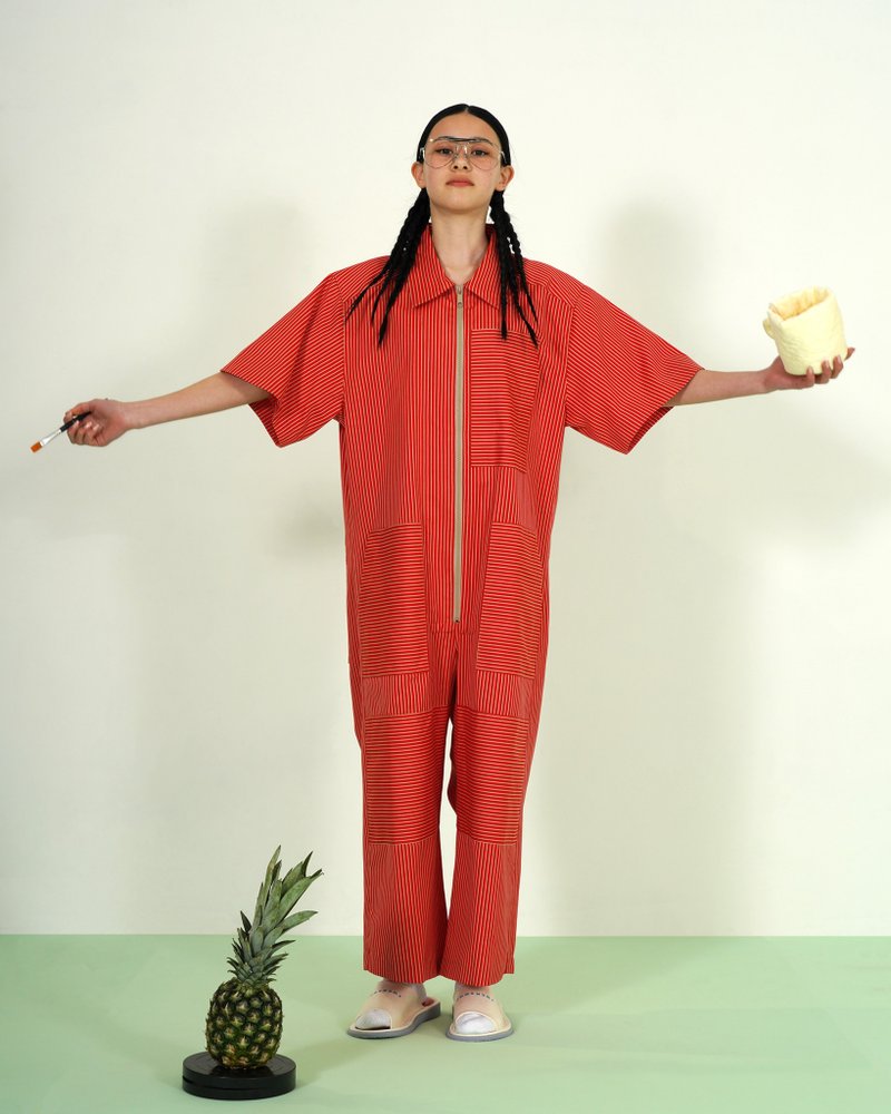 拼接棉质斜纹连身裤 - 背带裤/连体裤 - 棉．麻 红色